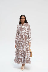 Choklate Paris Maxikleid Marbella in Schokobraun & Weiß Blumenprint Viskose-Seide