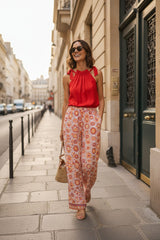 Choklate Paris Palazzo-Hose Gänseblümchen Rot mit Ornament-Print