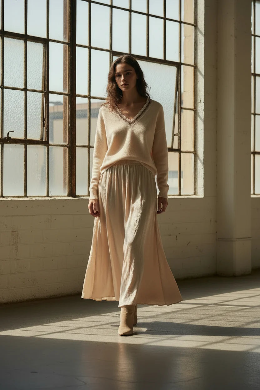Choklate Paris langer Rock Reese Beige mit Hüftsattel