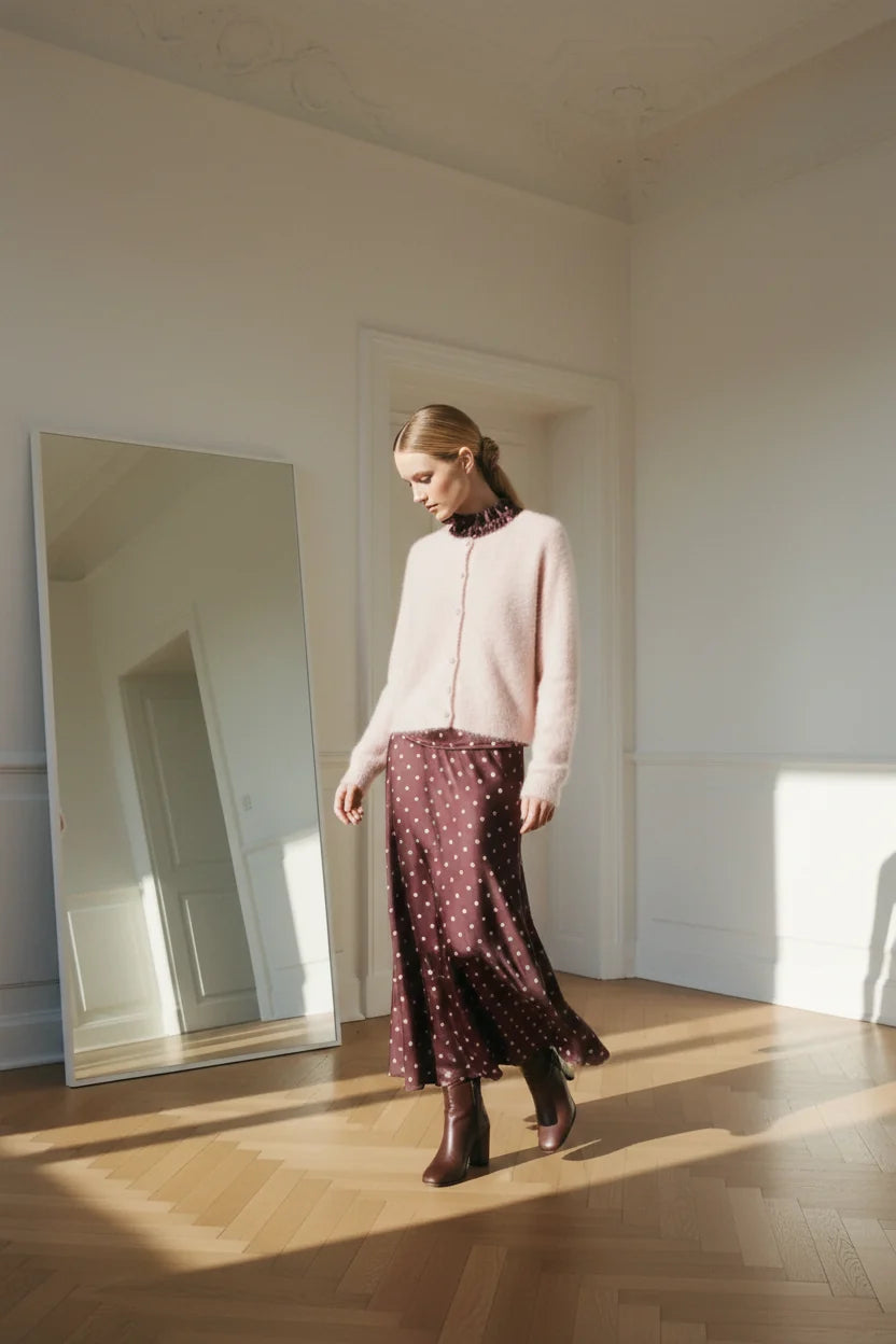 Choklate Paris Satin-Top Elisabeth mit Punkteprint Pflaume/Rosé