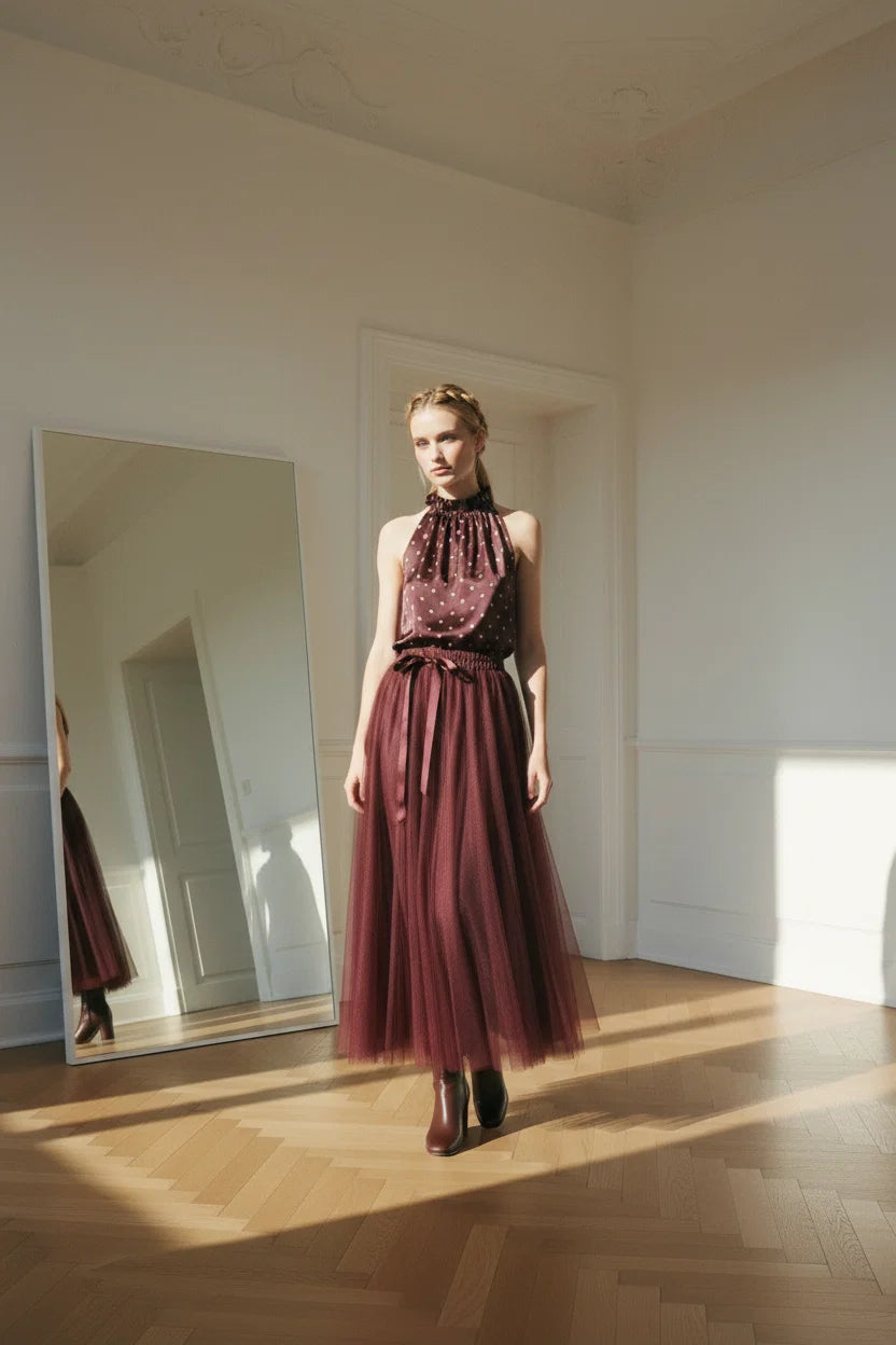 Choklate Paris Satin-Top Elisabeth mit Punkteprint Pflaume/Rosé