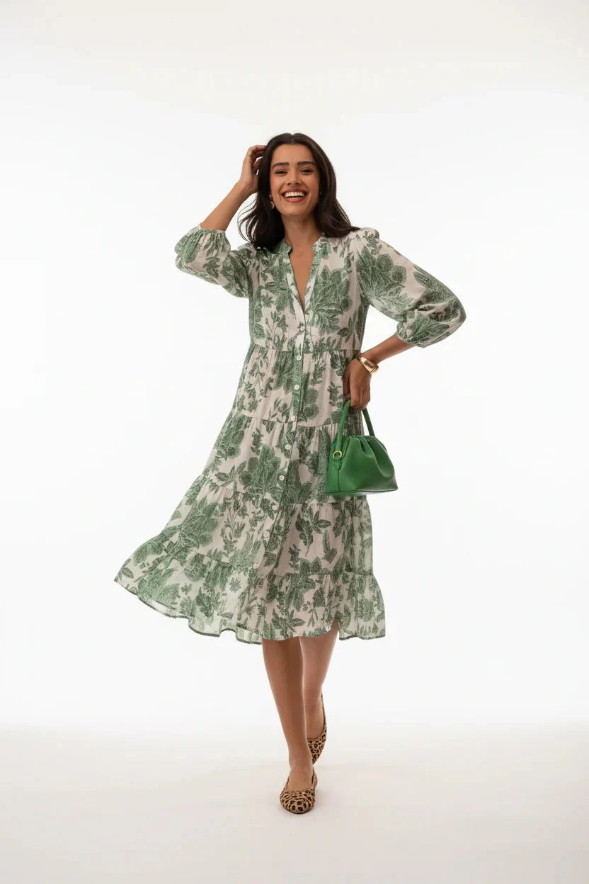 Choklate Paris Sienna Stufenkleid in Midilänge Florales Hibiskusmuster Grün-Weiß - Boho-Stil