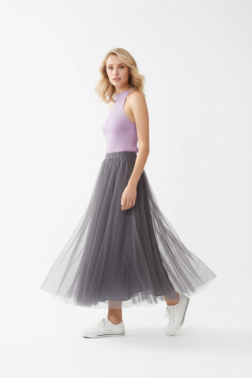 Choklate Paris Tüllrock Aria in Grau mit lilafarbenem Top