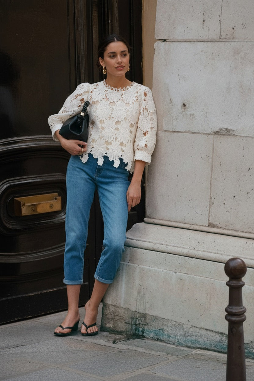 Choklate Paris Top Daisy Ecru aus Guipure-Spitze | Spitzentop mit 3/4-Ärmeln