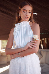 Choklate Paris - Satin Top Elisabeth in Weiß mit Schleife am Kragen - Elegantes Neckholder-Top