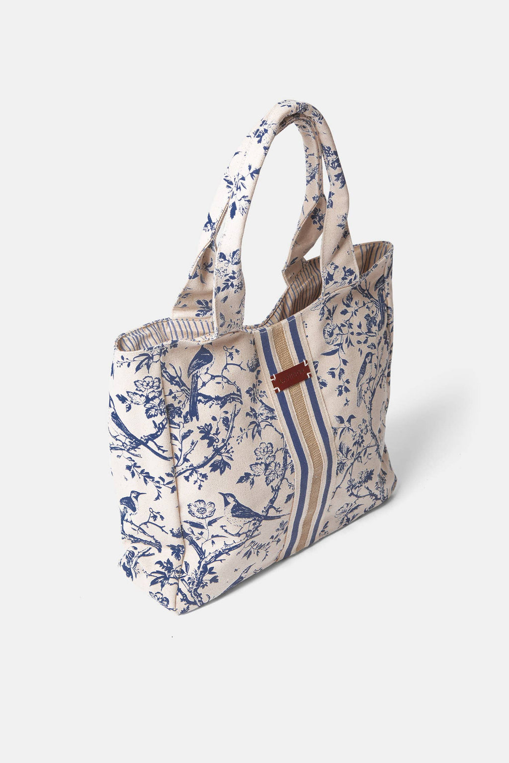 Lanidor Shopper Baumwolle mit Blumenprint - Beige/Blau - gestreiftes Innenfutter & Magnetverschluss