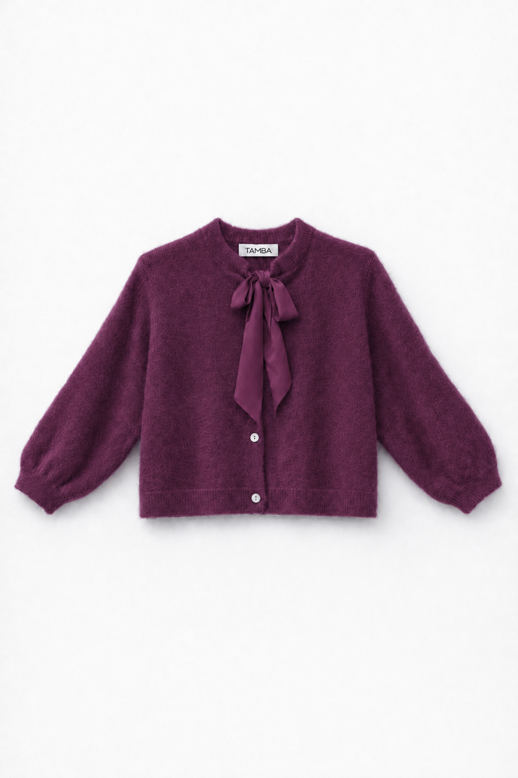 Tamba Flauschige Strickjacke mit Schluppenkragen Pflaume