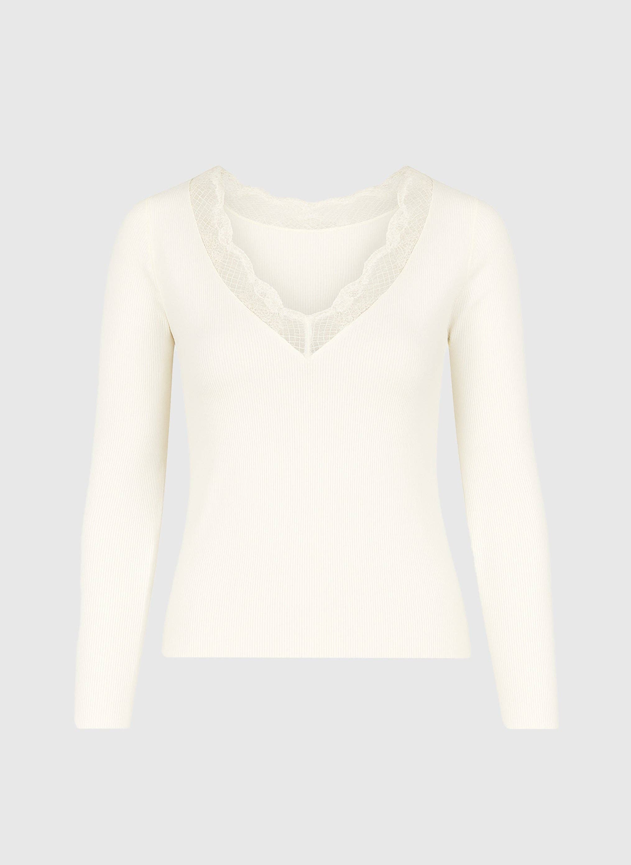 An´ge Paris ASTURIAL Langarmshirt Ecru | Spitzenbesatz V-Ausschnitt