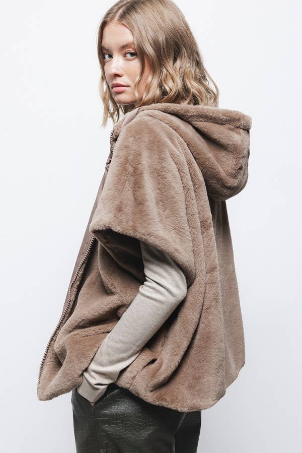 Lanidor - Wendeweste mit Kapuze & Kunstfell - Taupe