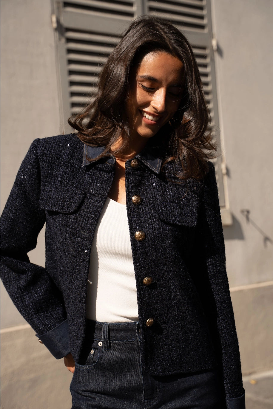Choklate Paris Tweedjacke Emy mit Denimdetails Marineblau