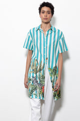 Lanidor Long-Blouse Türkis gestreift mit Tropicalprint