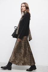 Lanidor Satin-Midirock mit Tierprint in Camel Schwarz