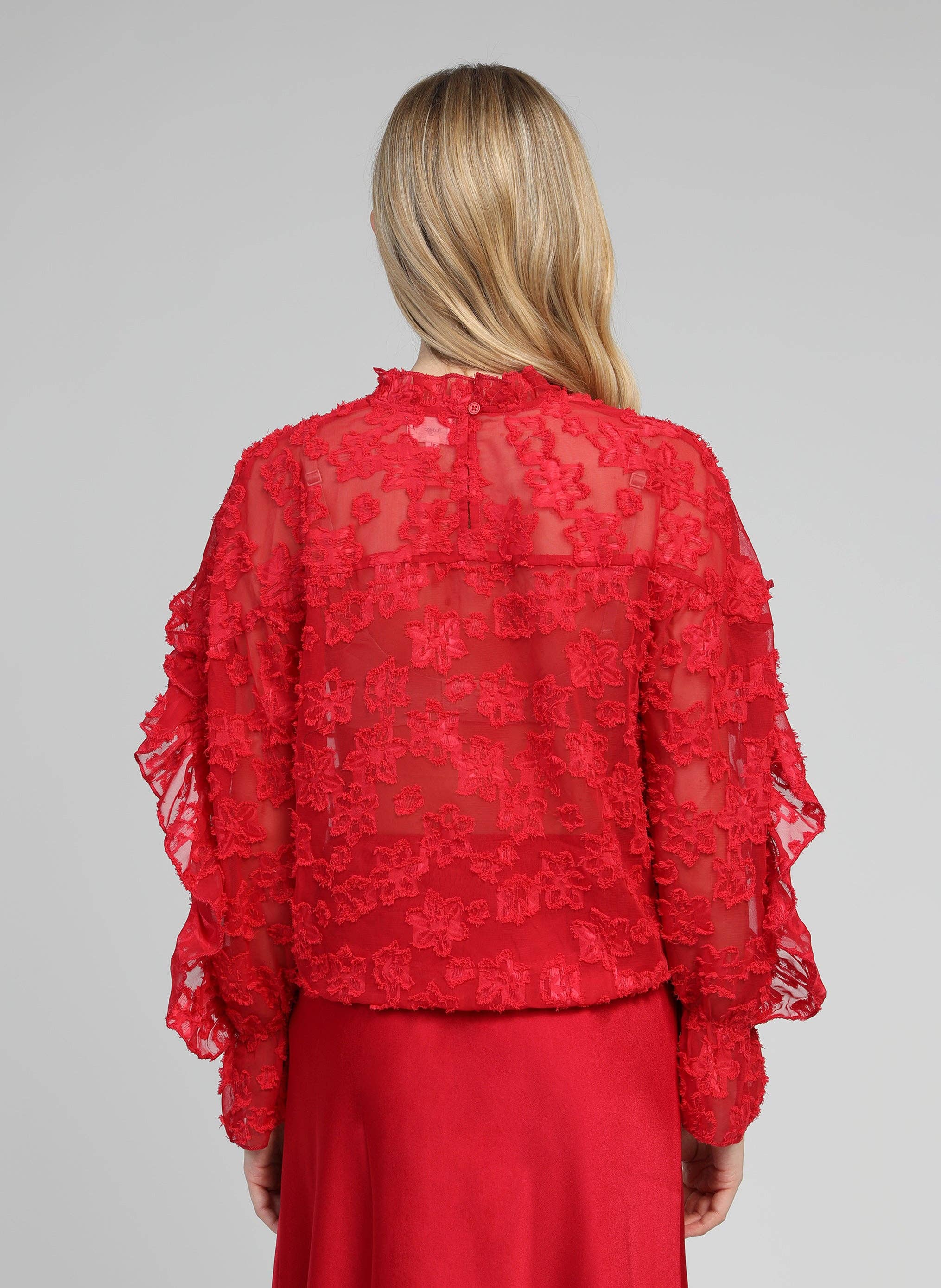 An'ge Paris Bluse Soely Rot - Jacquard-Semitransparent - Volant