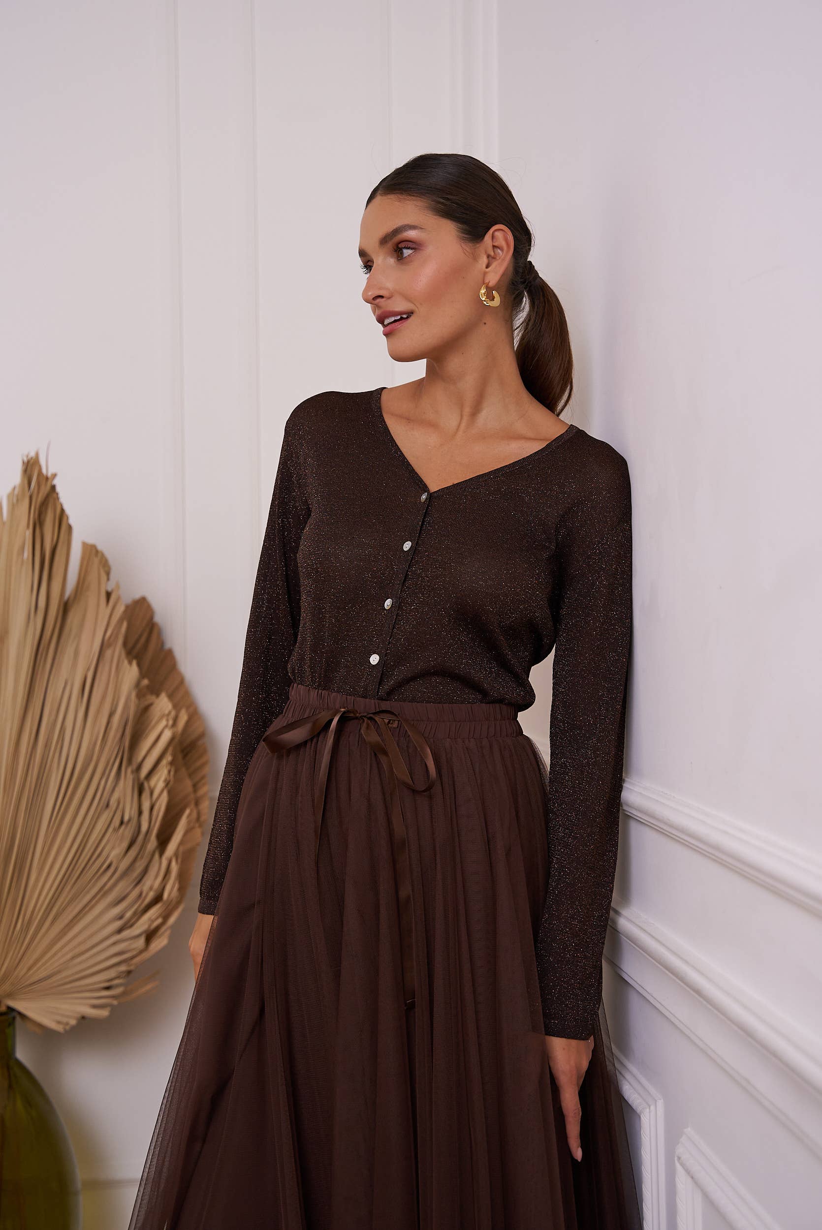 Choklate Paris - Lurexstrickweste in Braun - Feinstrick mit Glanz und Knopfleiste