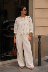 Choklate Paris Top Daisy Ecru aus Guipure-Spitze | Spitzentop mit 3/4-Ärmeln