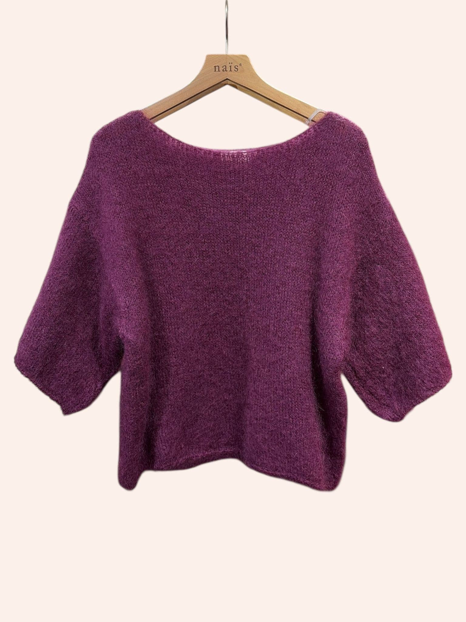 Pullover mit Bootsausschnitt, 3/4-Ärmeln, aus 76 % Mohair und Wolle: Auberginen / Eine Größe