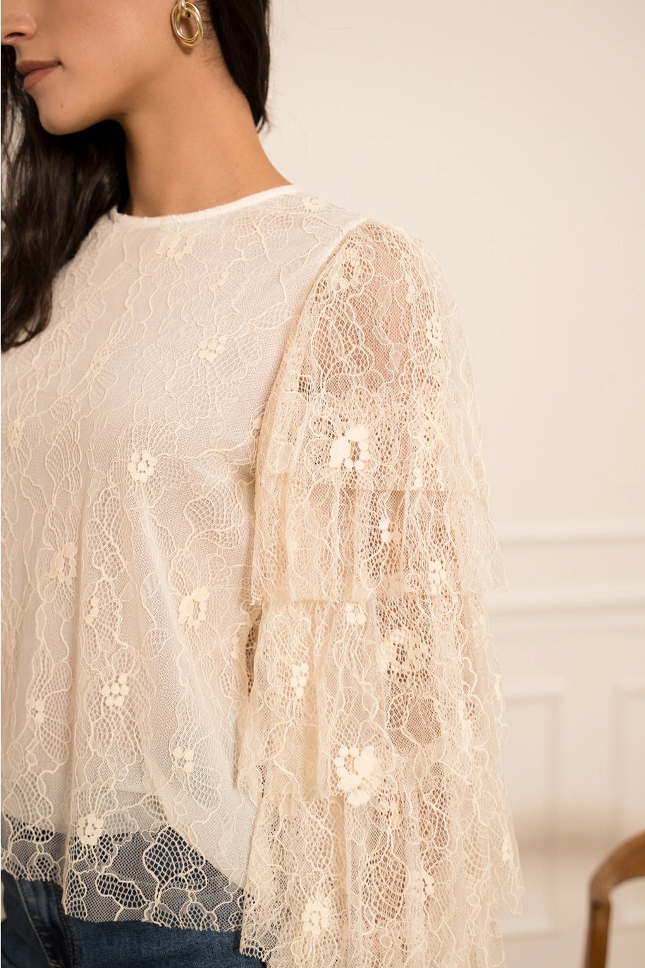 Choklate Paris - Spitzenbluse mit gestuften Ärmeln Ecru