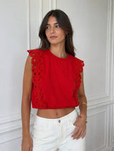 Choklate Paris Crop-Top aus Baumwolle mit Spitzenbesatz – Rot