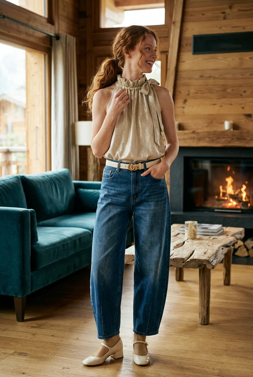 Choklate Paris Top Elisabeth mit Metallic-Schimmer und Bindeschleife in Ecru
