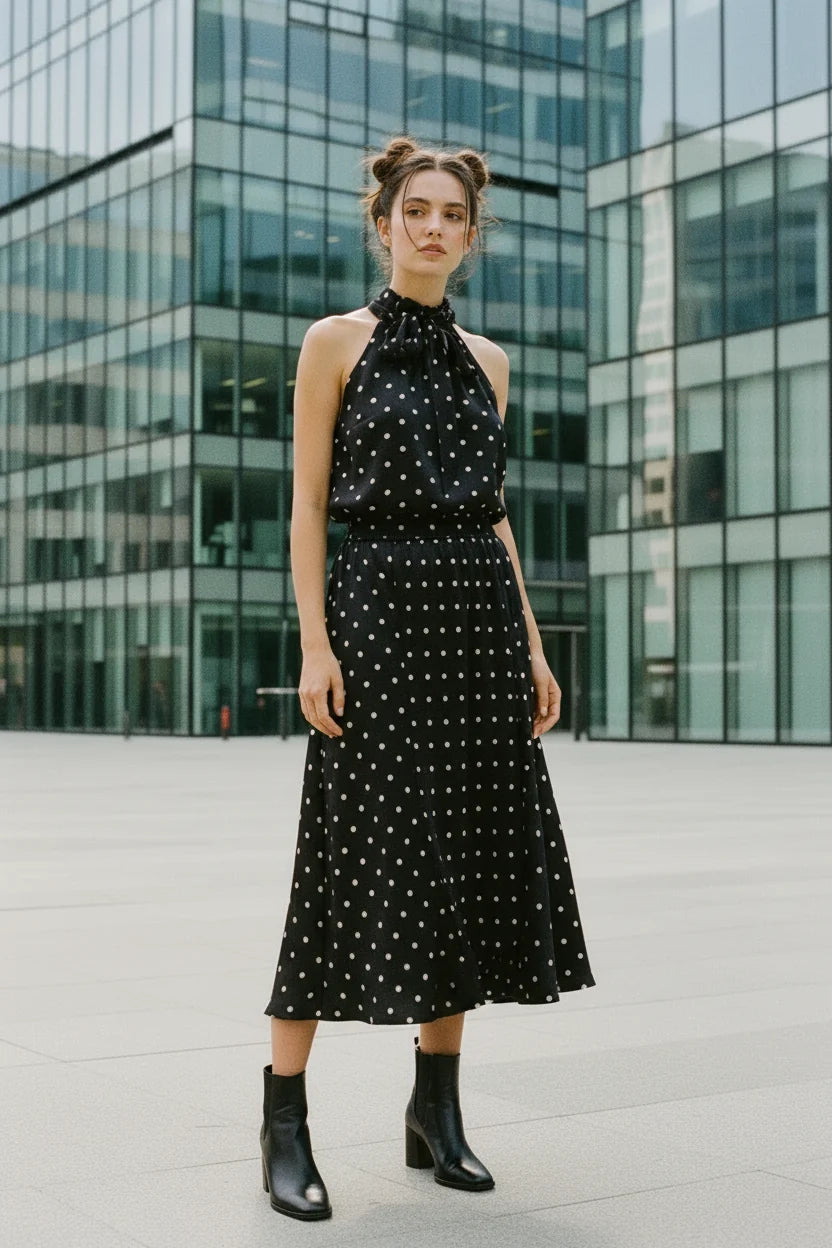 Choklate Paris Satin-Top Elisabeth Schwarz mit weißen Punkten