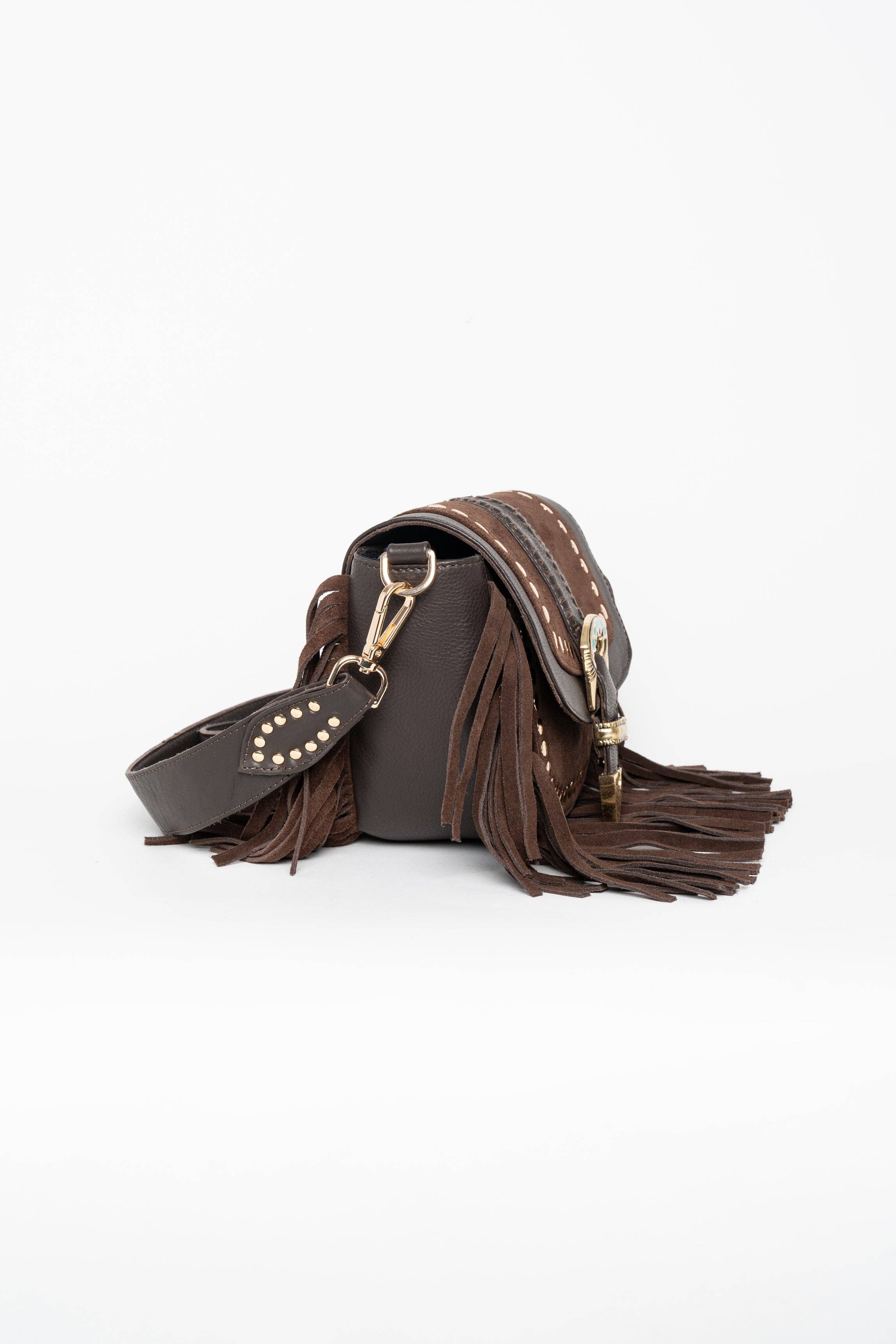 Piti Cuiti Umhängetasche aus Leder in Braun mit Fransen