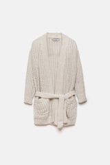 Lanidor - Lange Strickjacke in femininem Lochstrickmuster mit Gürtel in Beige