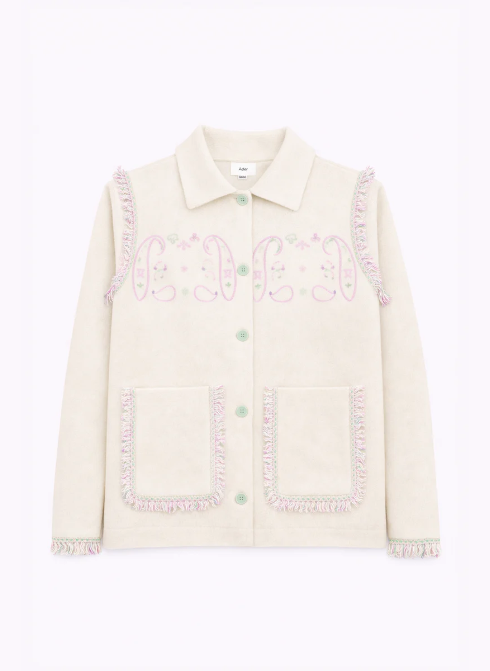 An´ge Paris Strickjacke Nissani Vanille | Fliederfarbene Oranmente & Fransendetails