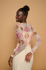 Minueto  Top mit Boho-Leopardenprint Beige semitransparent