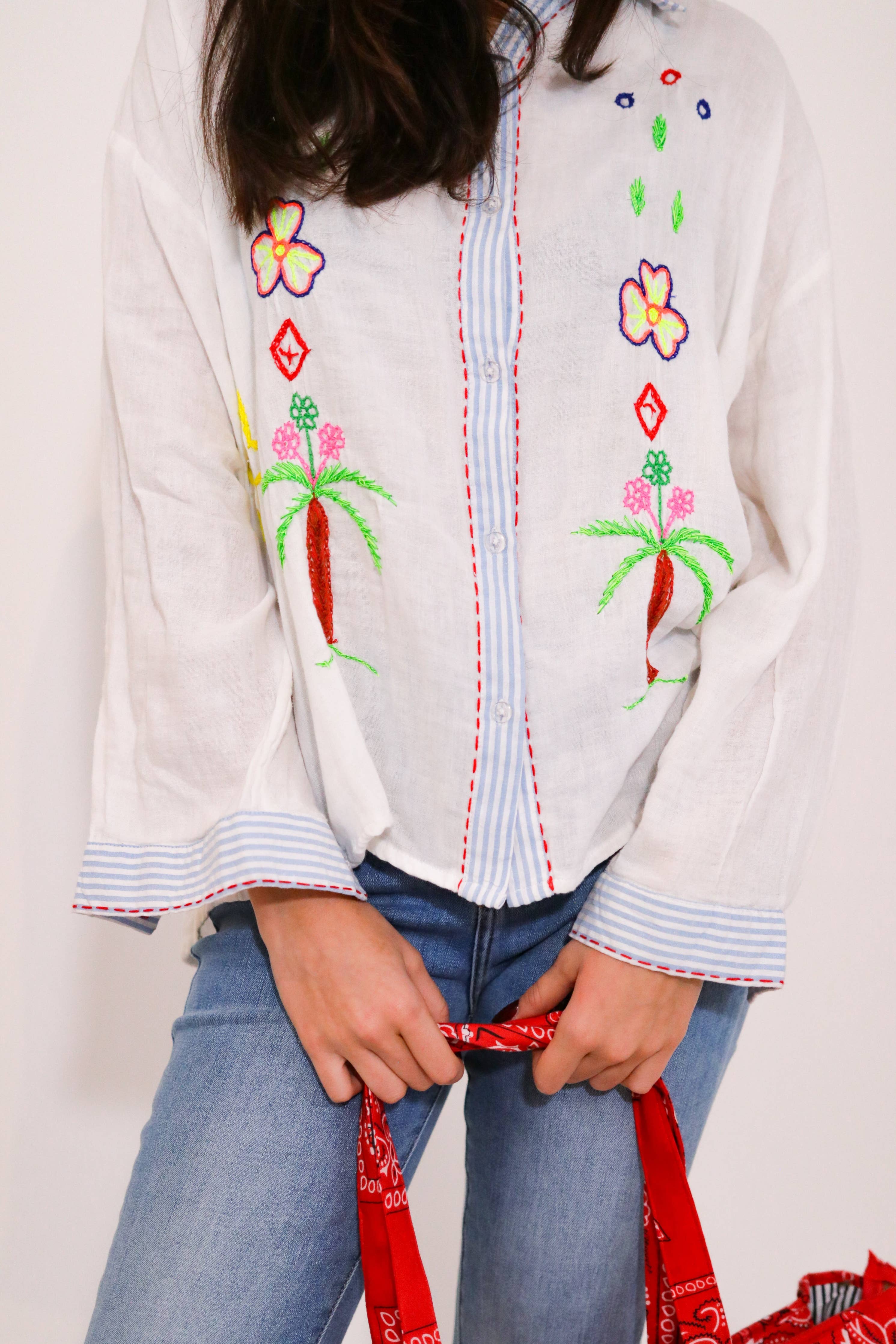 The Corner Bestickte Hemdbluse Weiß mit Streifendetails - Baumwolle