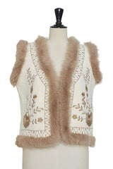 Elli White - Weste in Beige mit camel-farbenem Kunspelz - edle Strickweste mit Stickerei