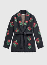 AN’GE Paris NAMALIA lange Jacquard-Strickjacke Schwarz mit Blumen und Gürtel