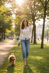 Florales Spitzenoberteil mit Jeans beim Gassi gehen
