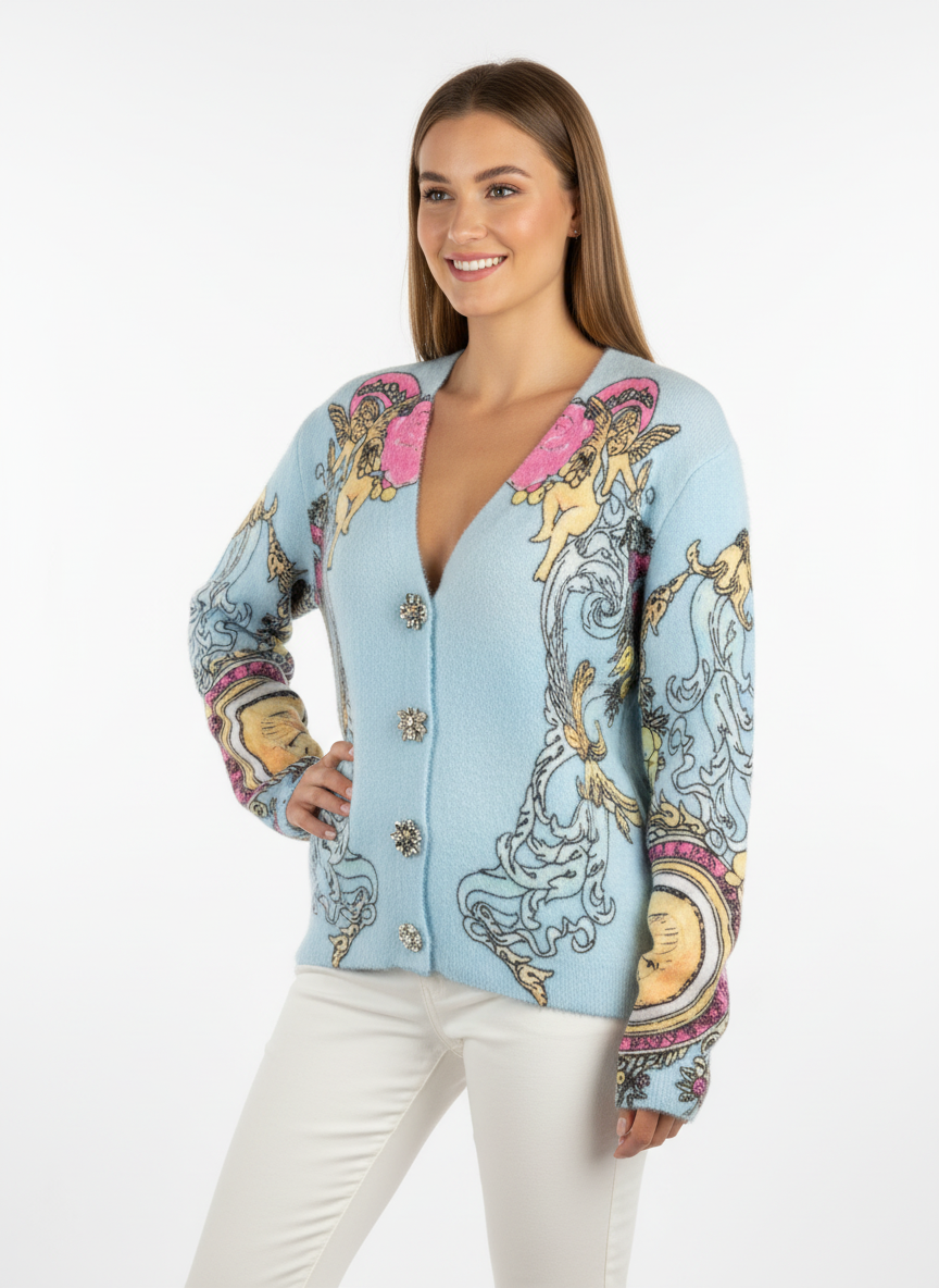 Hellblauer Cardigan mit neuer Pose