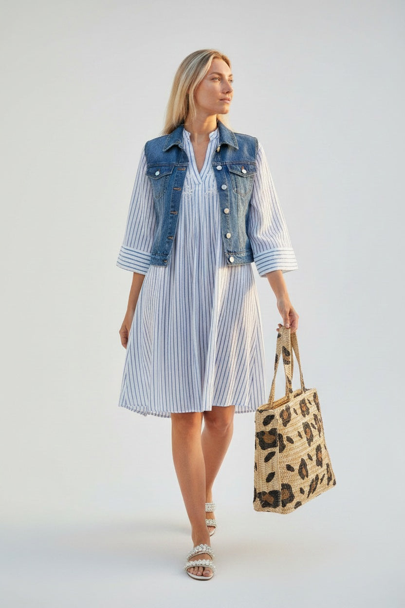 Isla Bonita by SIGRIS Sommerkleid Kurta Gestreift Hellblau 100% Baumwolle