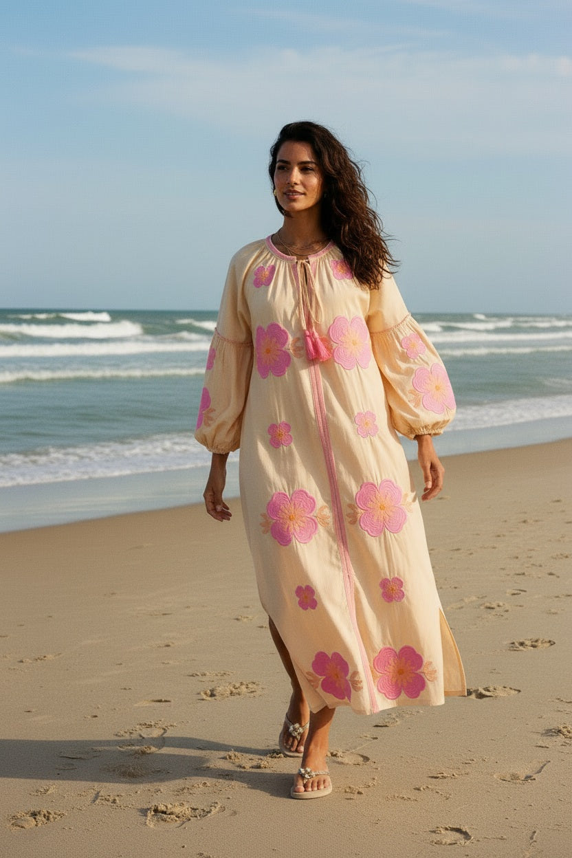 JEP Holland Maxikleid Beige Pink mit Blumenstickerei
