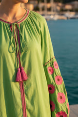 Jep Holland Florence Grün Baumwollbluse mit pinker Blumenstickerei
