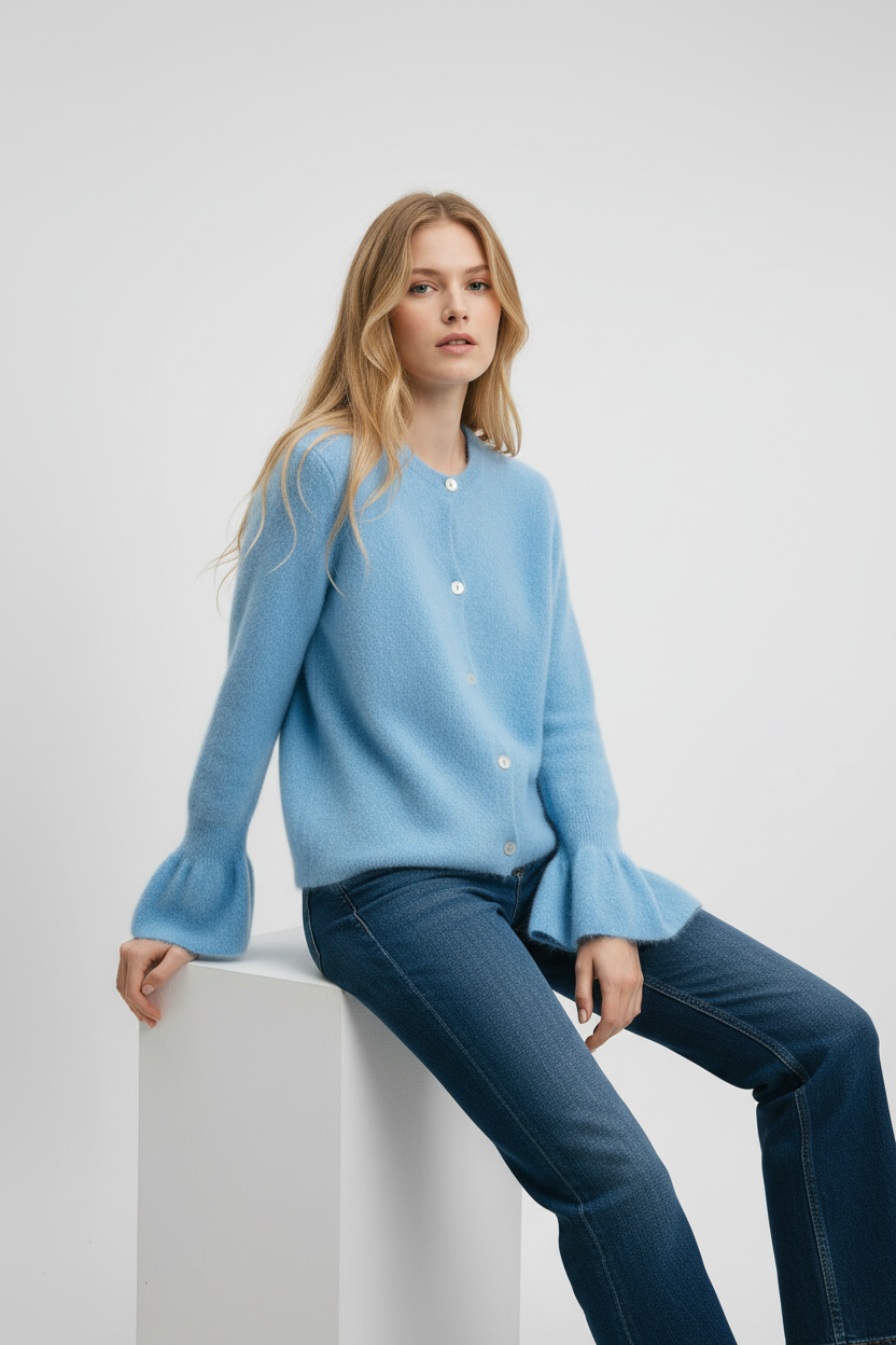 Julia Paris Baby-Alpaka Cardigan in Blau mit Volantärmeln