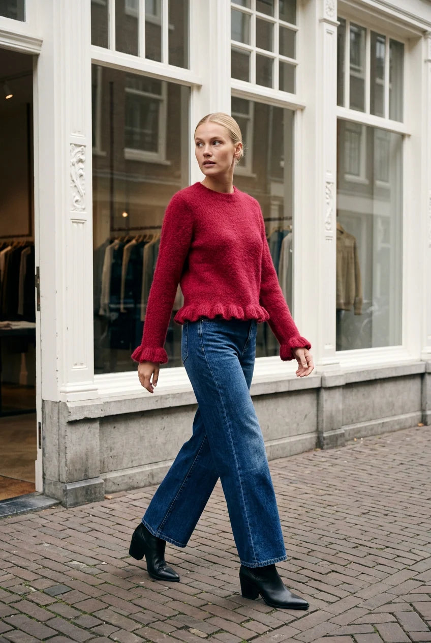 Audrey Paris Strickpullover mit Rüschen in Kirschrot