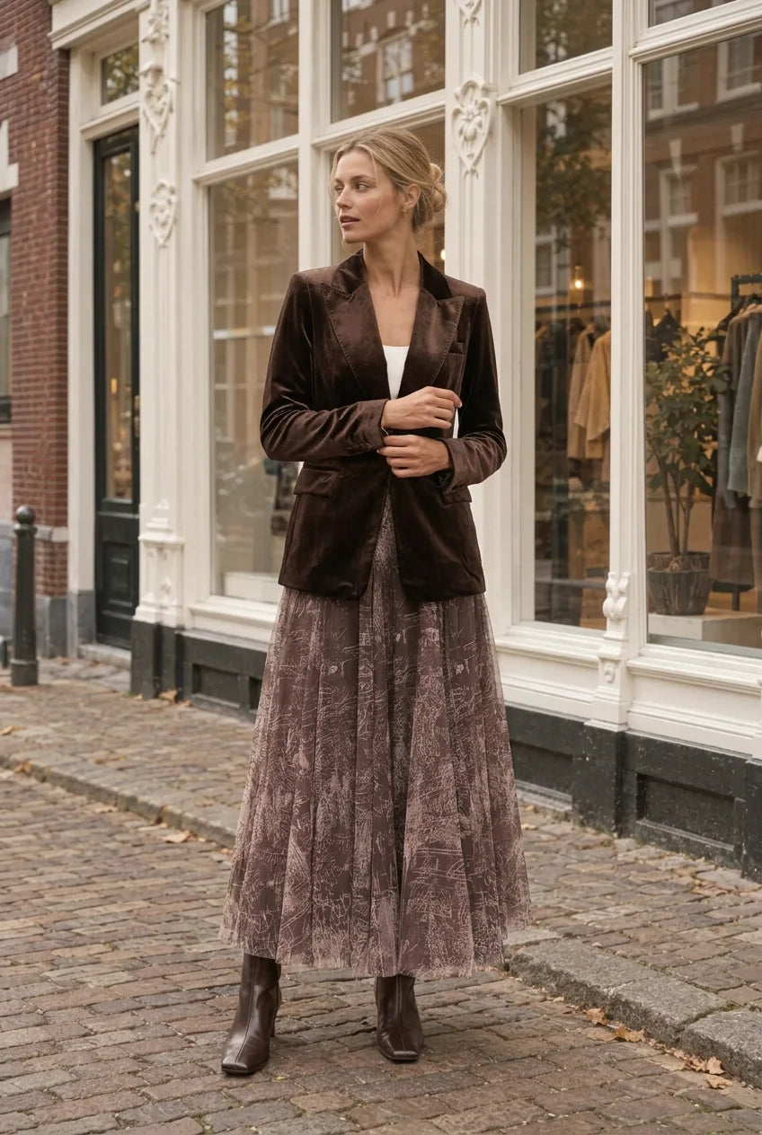 Choklate Paris Ambre Tüllrock mit Toile-de-Jouy-Print in dunklem Schokoladen-Braun