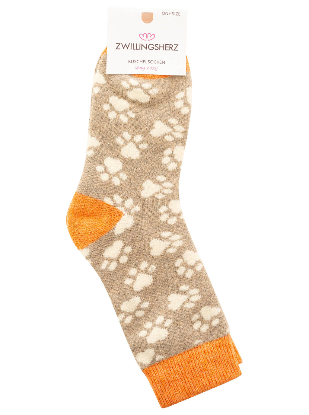 Zwillingsherz Kuschelsocken "Hundepfoten" - Wollmix Beige-Orange