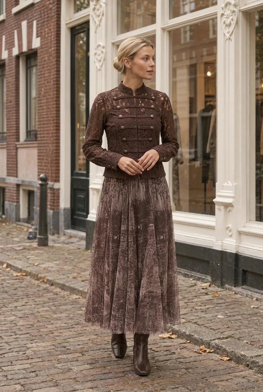 Choklate Paris Ambre Tüllrock mit Toile-de-Jouy-Print in dunklem Schokoladen-Braun