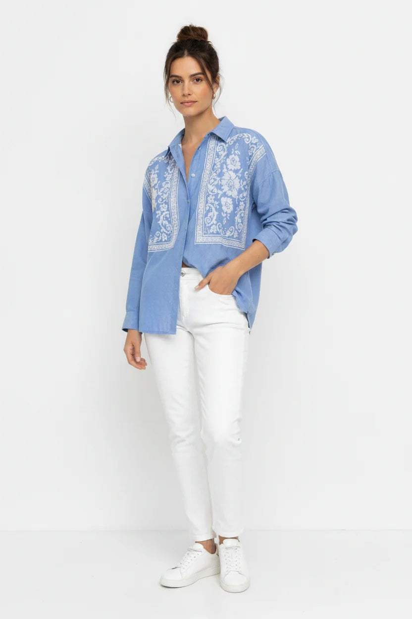 Lanidor Besticktes Hemd gerader Schnitt - Hellblau