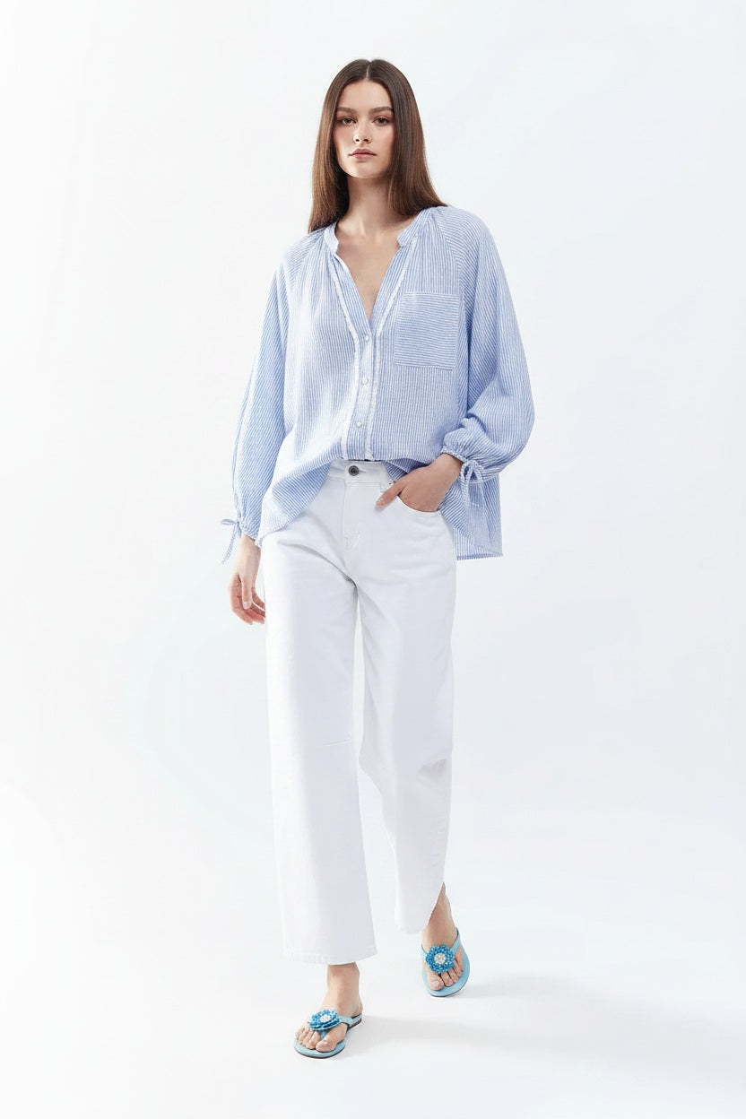 Lanidor Gestreifte Oversize Bluse Hellblau 100% Baumwolle