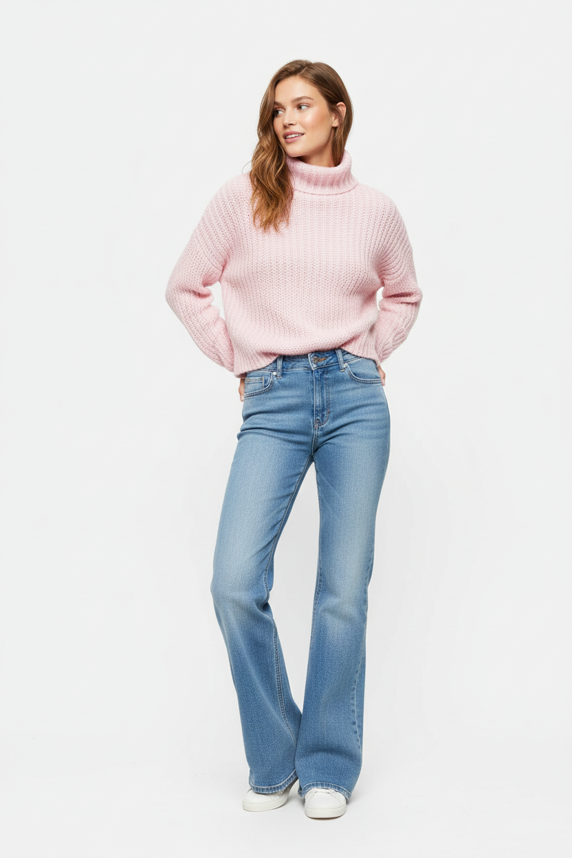 Lanidor Kuschelpullover Rosa mit Flared Jeans - Lässiger Style