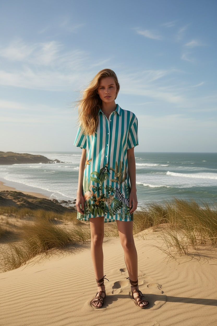 Lanidor Long-Blouse Türkis gestreift mit Tropicalprint