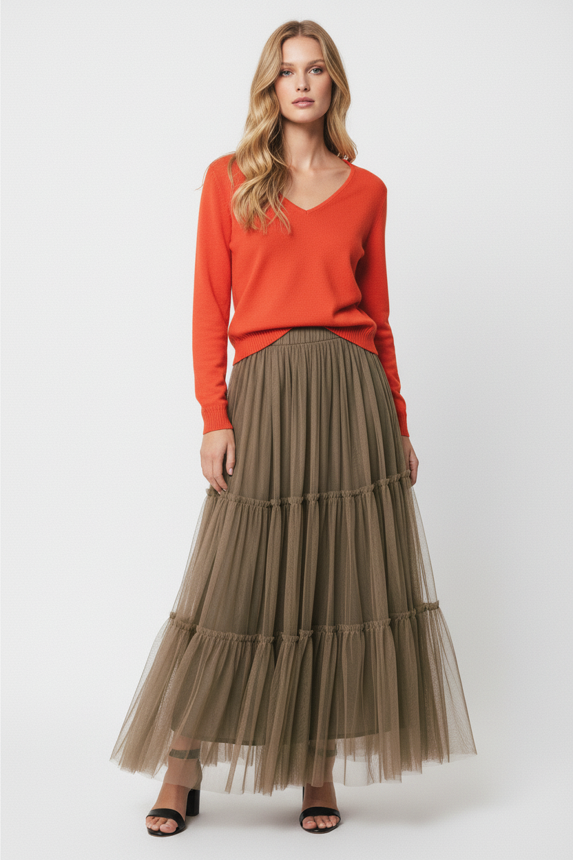 Lanidor Orange Pullover mit dunklem Tüllrock