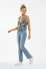 Lanidor Weste mit Blumenprint Khaki Baumwolle