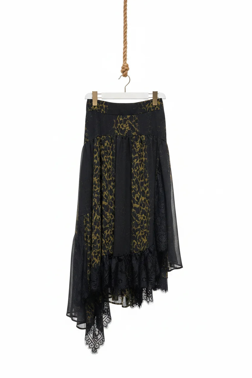 Choklate Paris asymmetrischer Leopardenrock mit Spitze Khaki