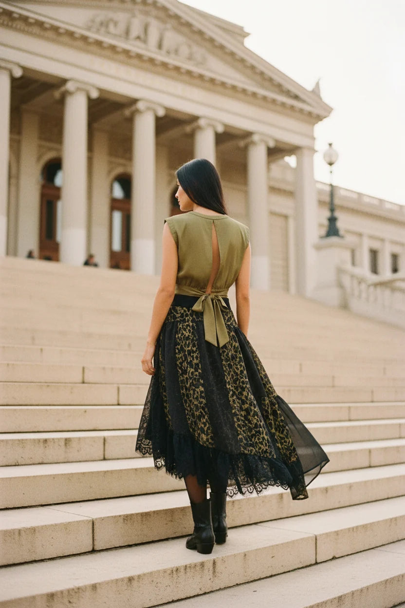 Choklate Paris asymmetrischer Leopardenrock mit Spitze Khaki