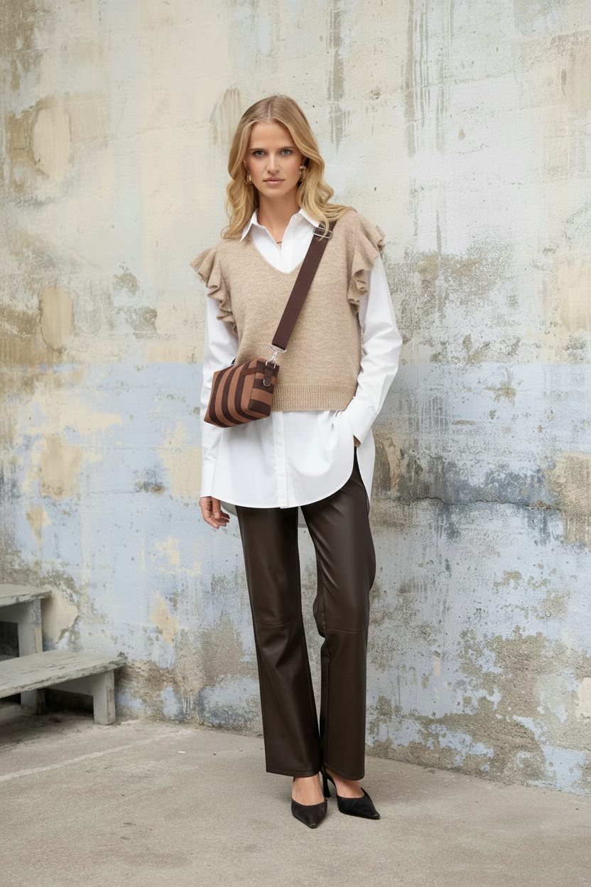 Lulumary Pullover Taupe – Styling mit Attentif Bluse & brauner Crossbody-Tasche